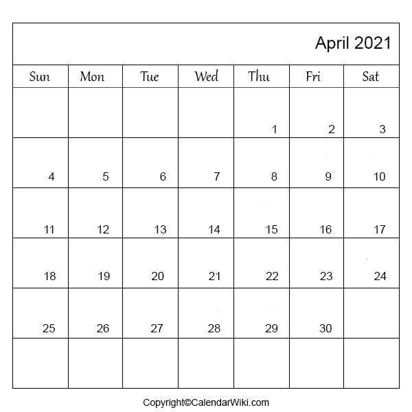 April 2021 Monthly Calendar