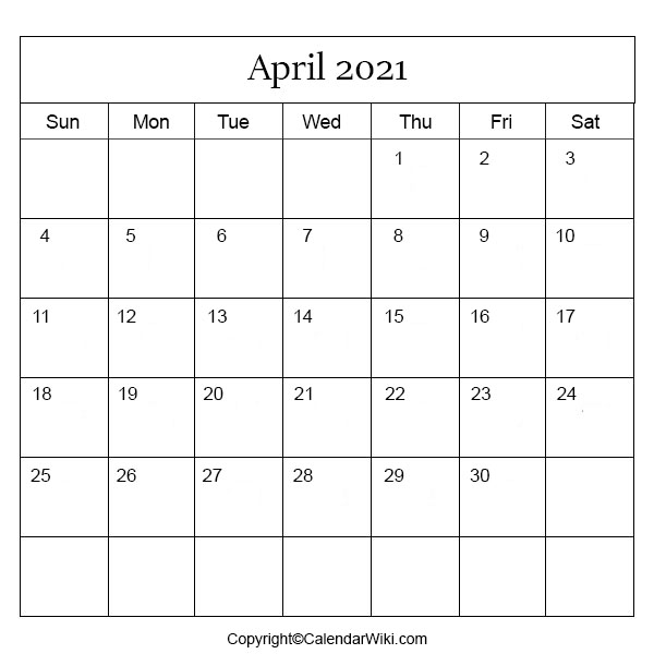April Month Calendar 2021