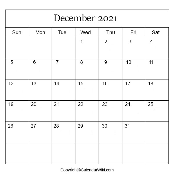 December Month Calendar 2021