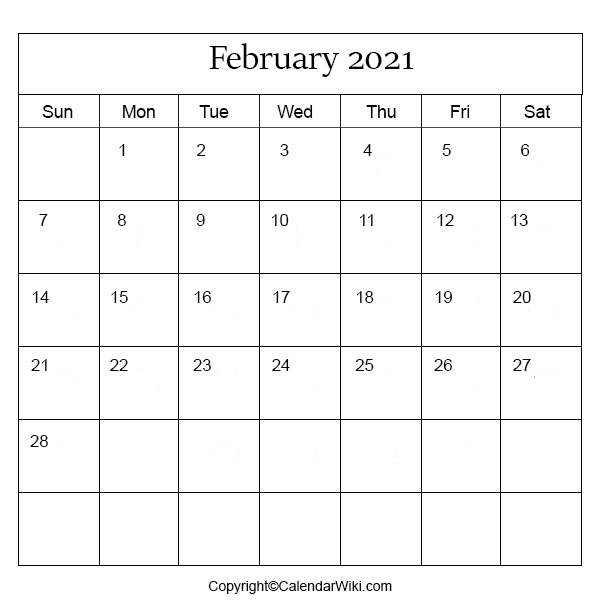 February Month Calendar 2021