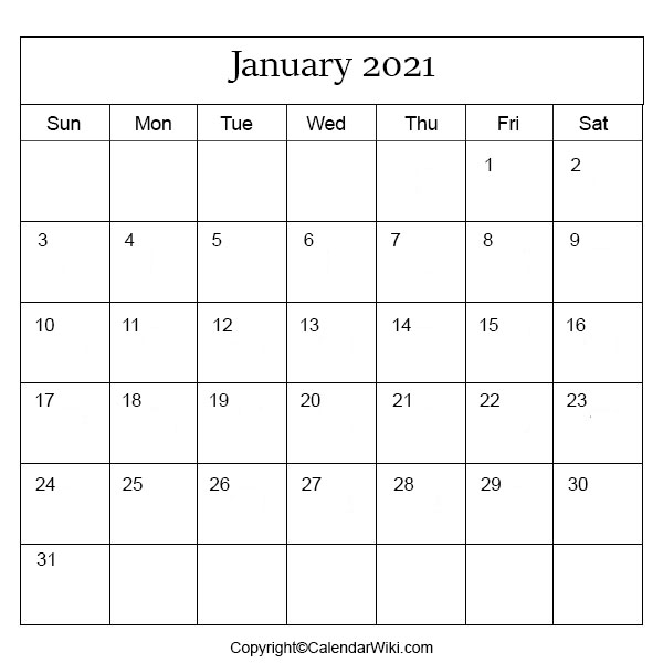 January Month Calendar 2021
