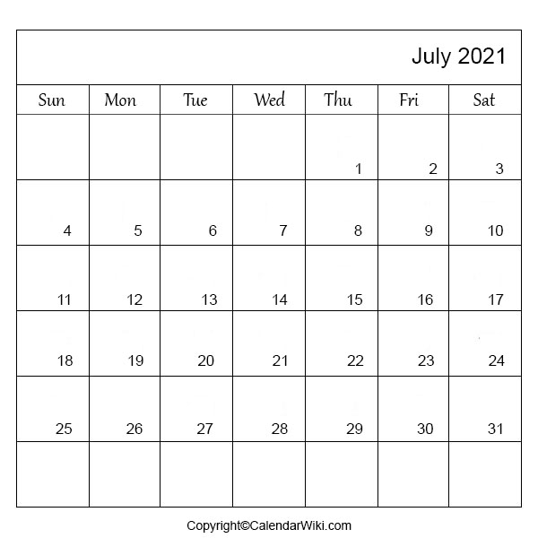 July 2021 Monthly Calendar