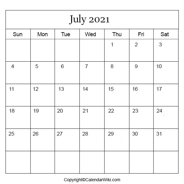 July Month Calendar 2021