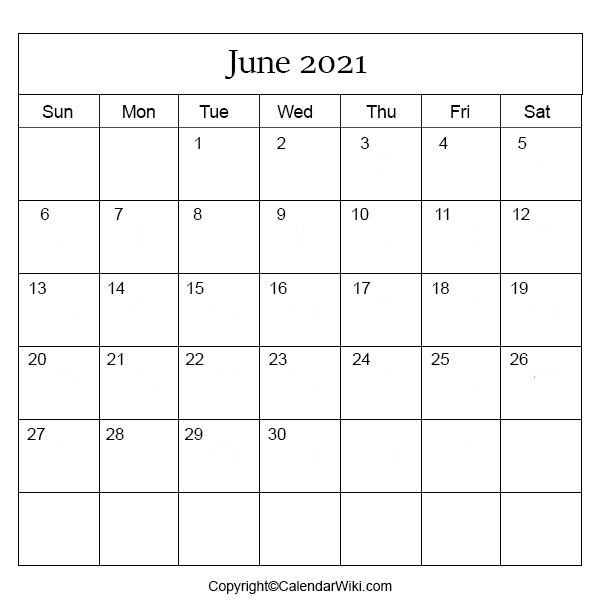 June Month Calendar 2021