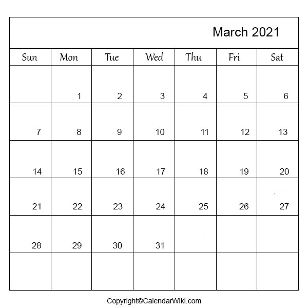 March 2021 Monthly Calendar