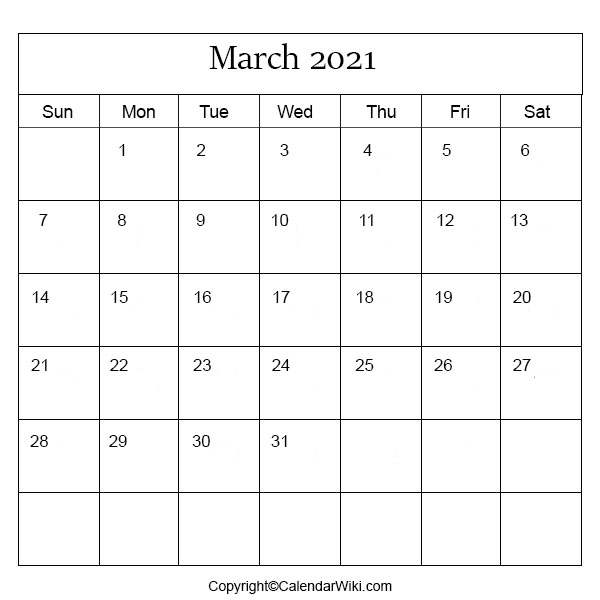 March Month Calendar 2021