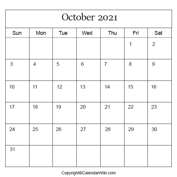 October Month Calendar 2021