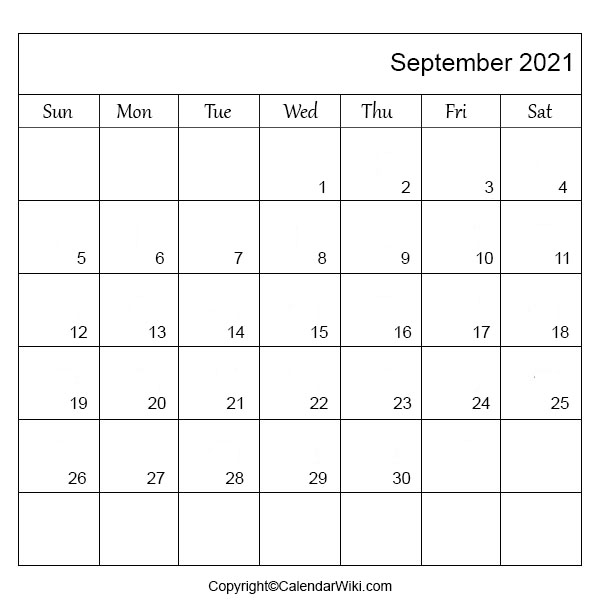 September 2021 Monthly Calendar