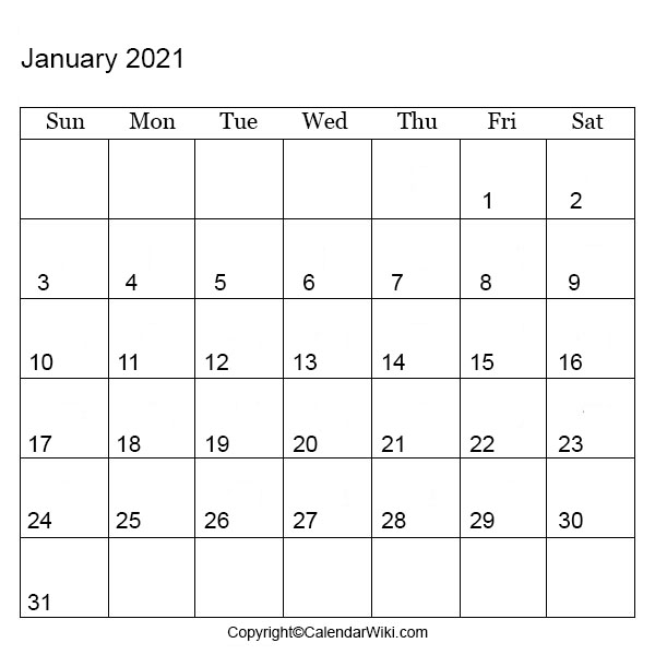 2021 January Calendar