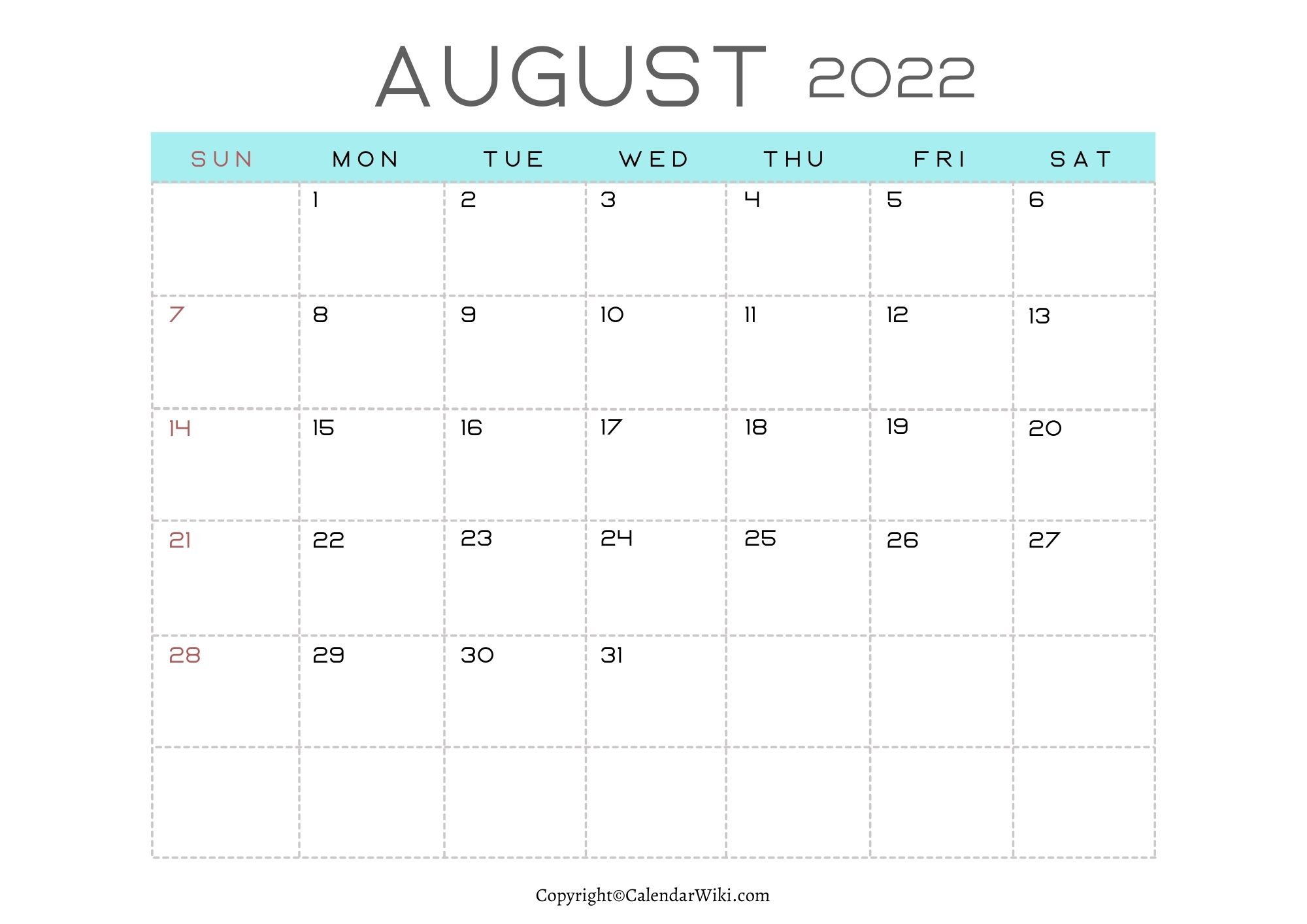 2022 Calendar August
