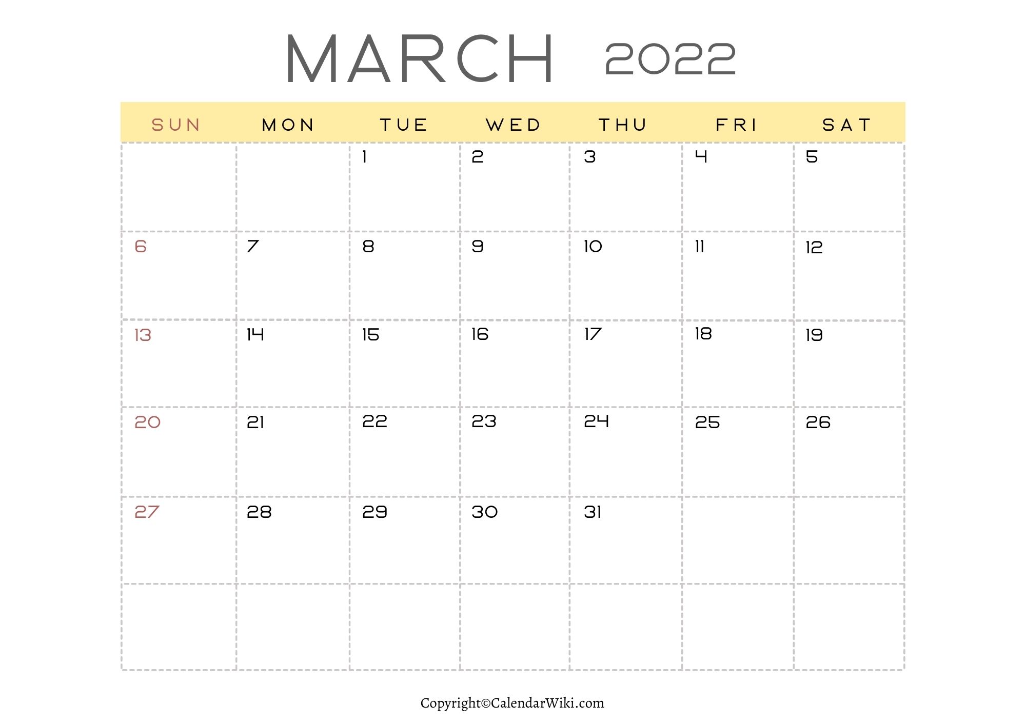 2022 March Calendar