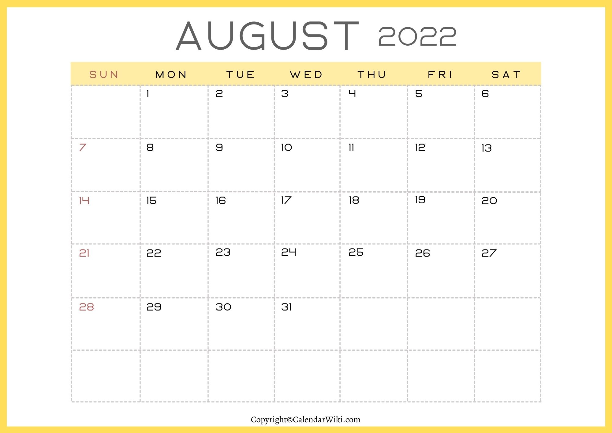 August Calendar 2022 Printable