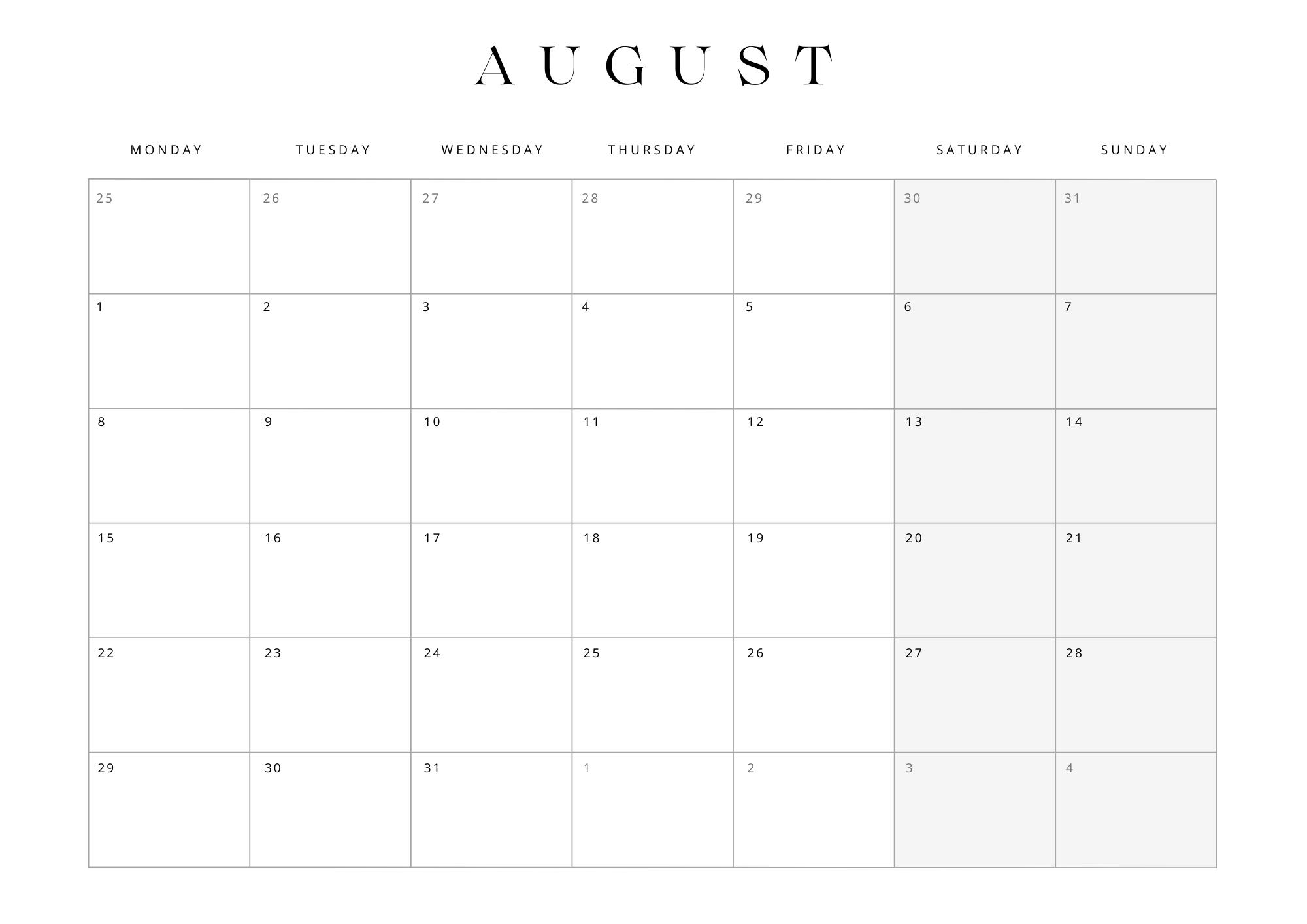 August Calendar 2022