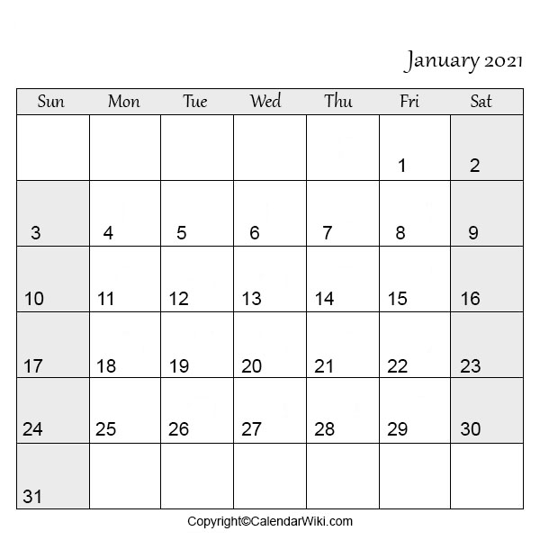 Calendar 2021 January