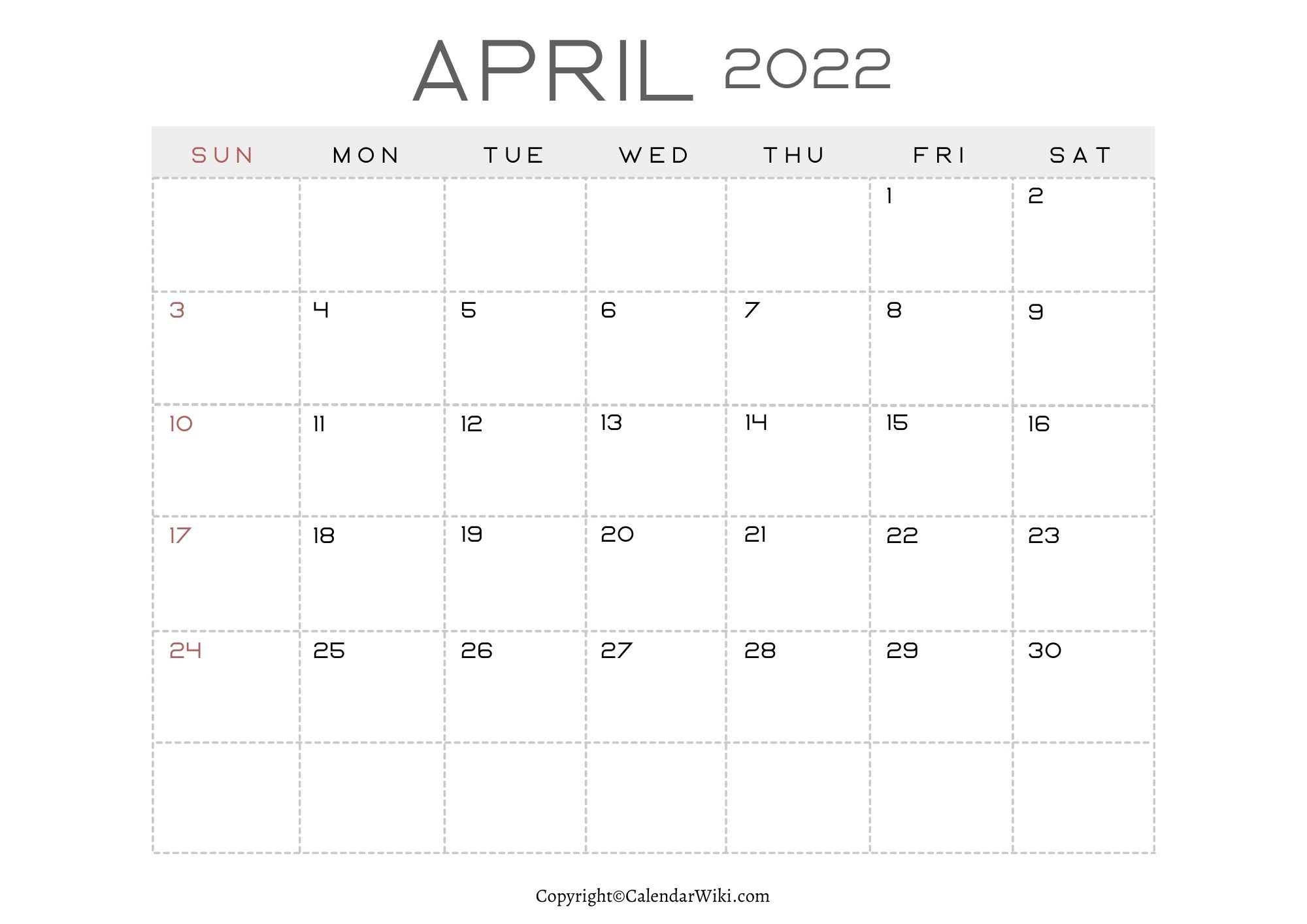 Calendar 2022 April