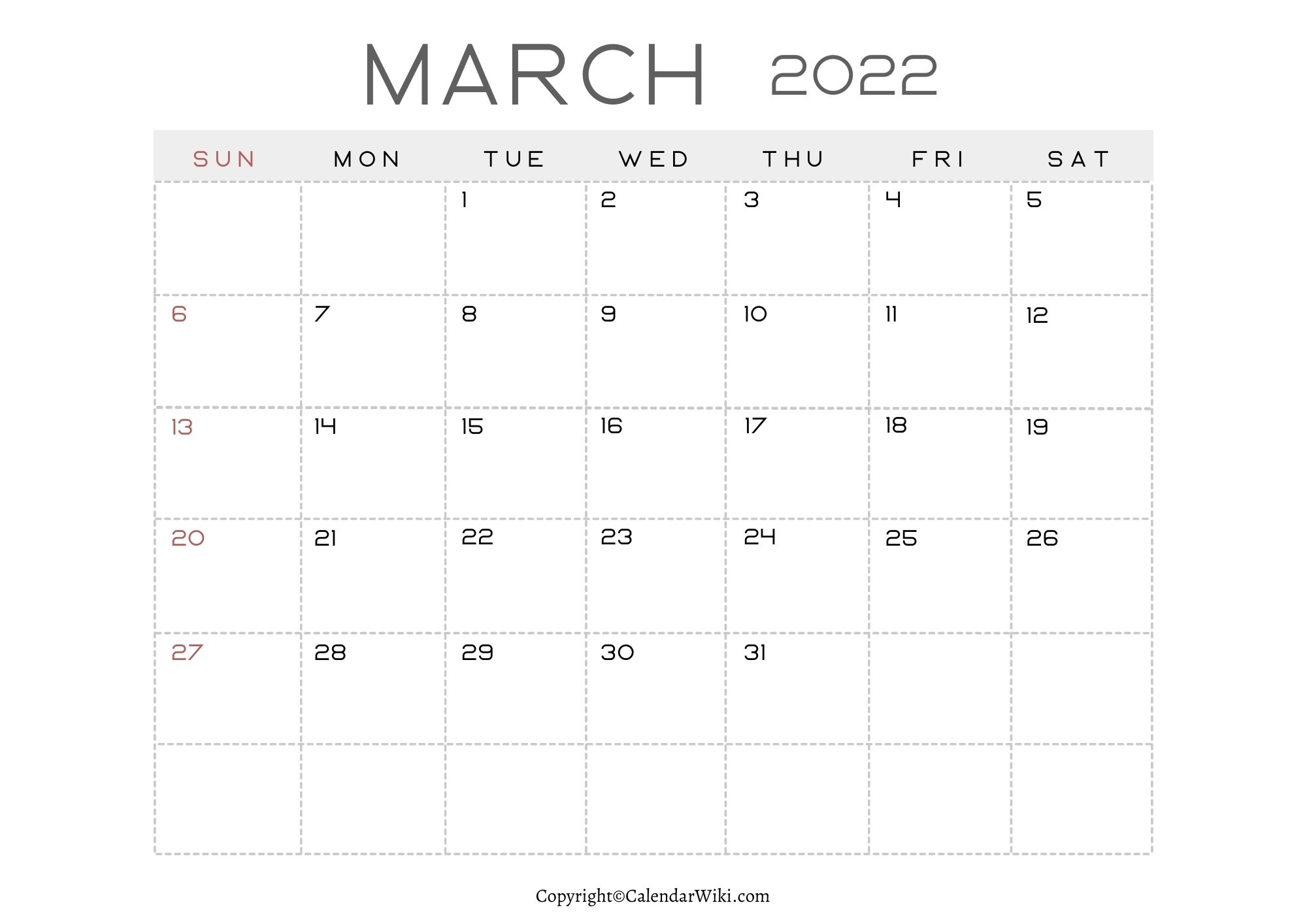 Calendar 2022 March