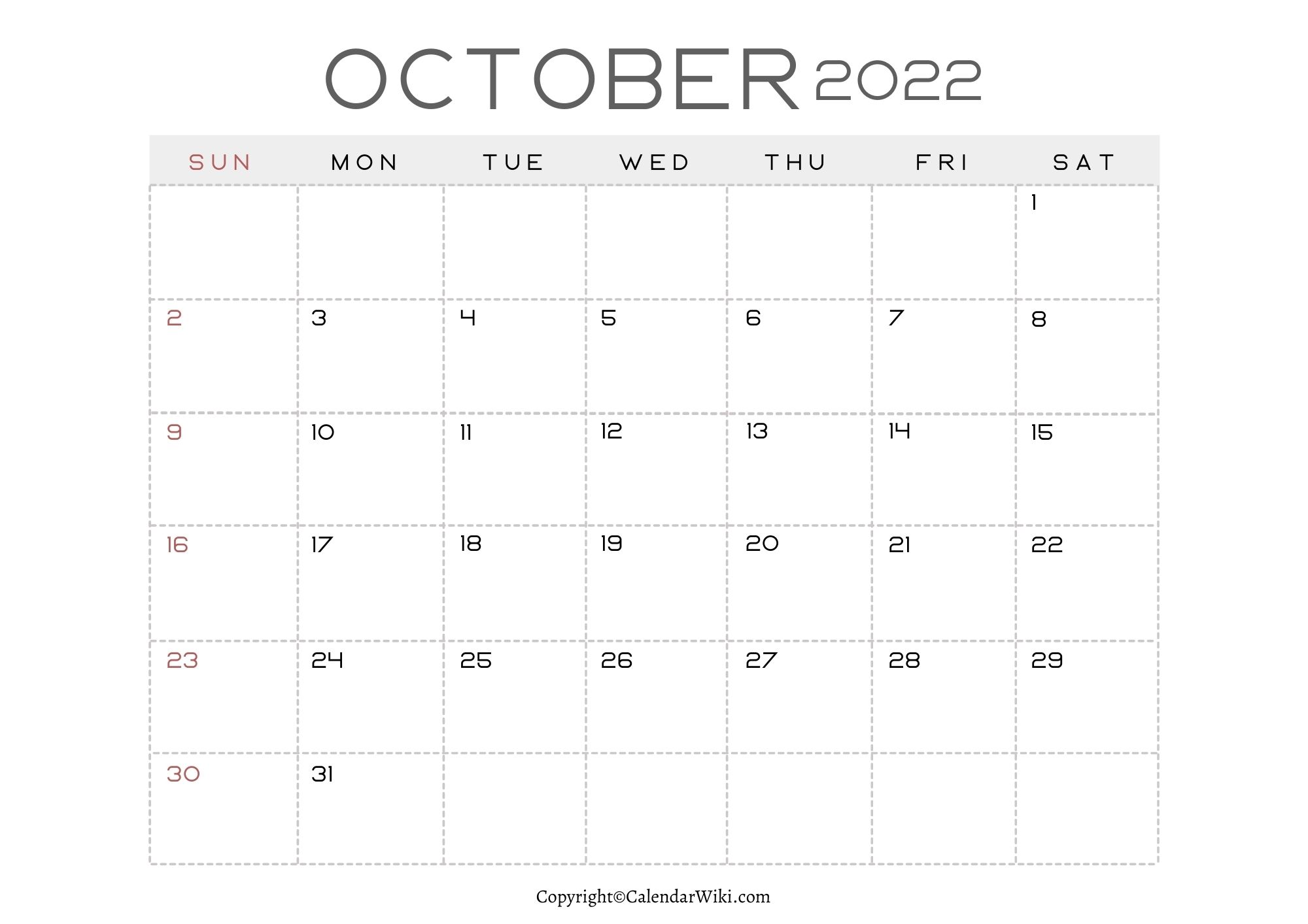 Calendar 2022 October