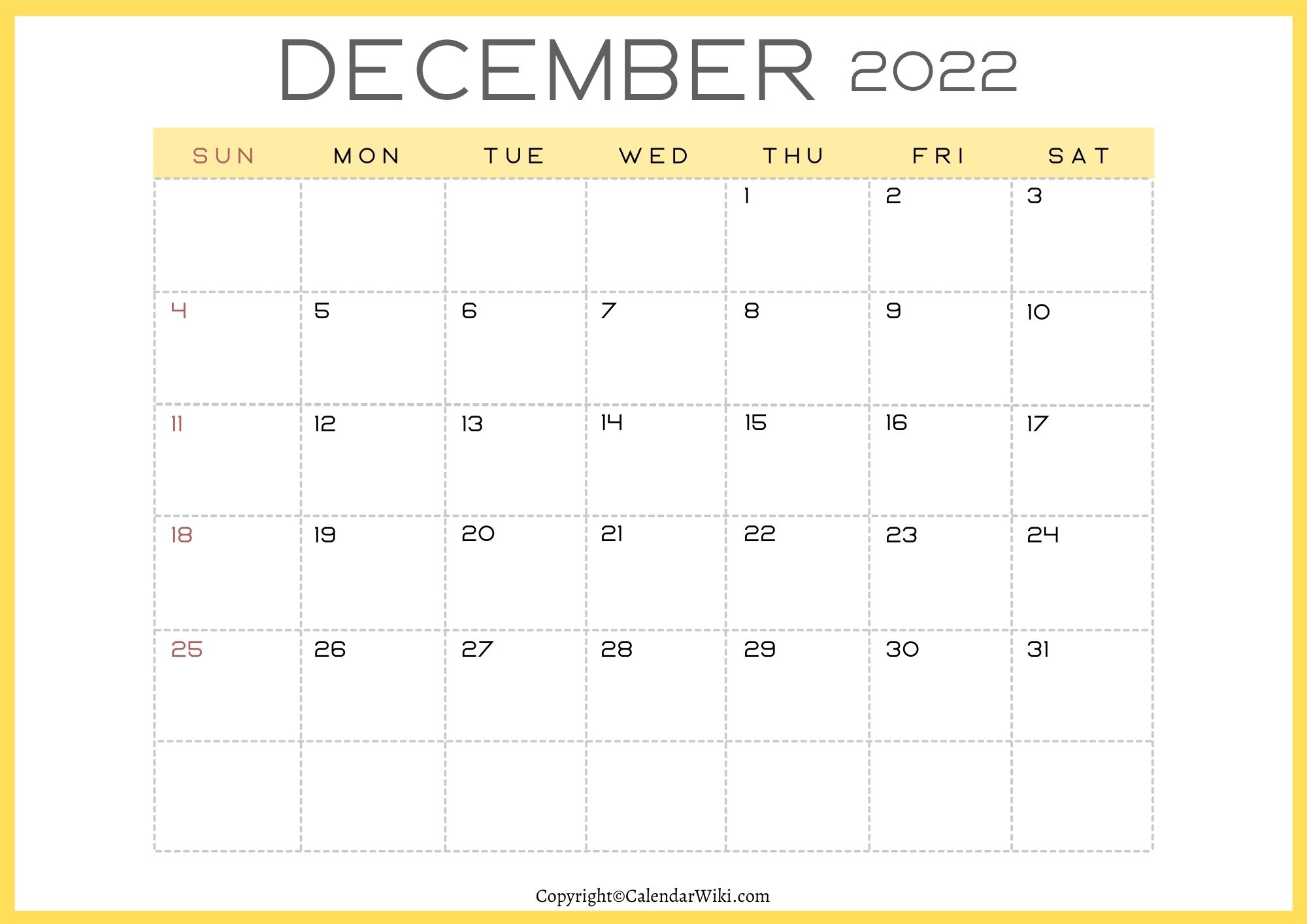 December Calendar 2022 Printable