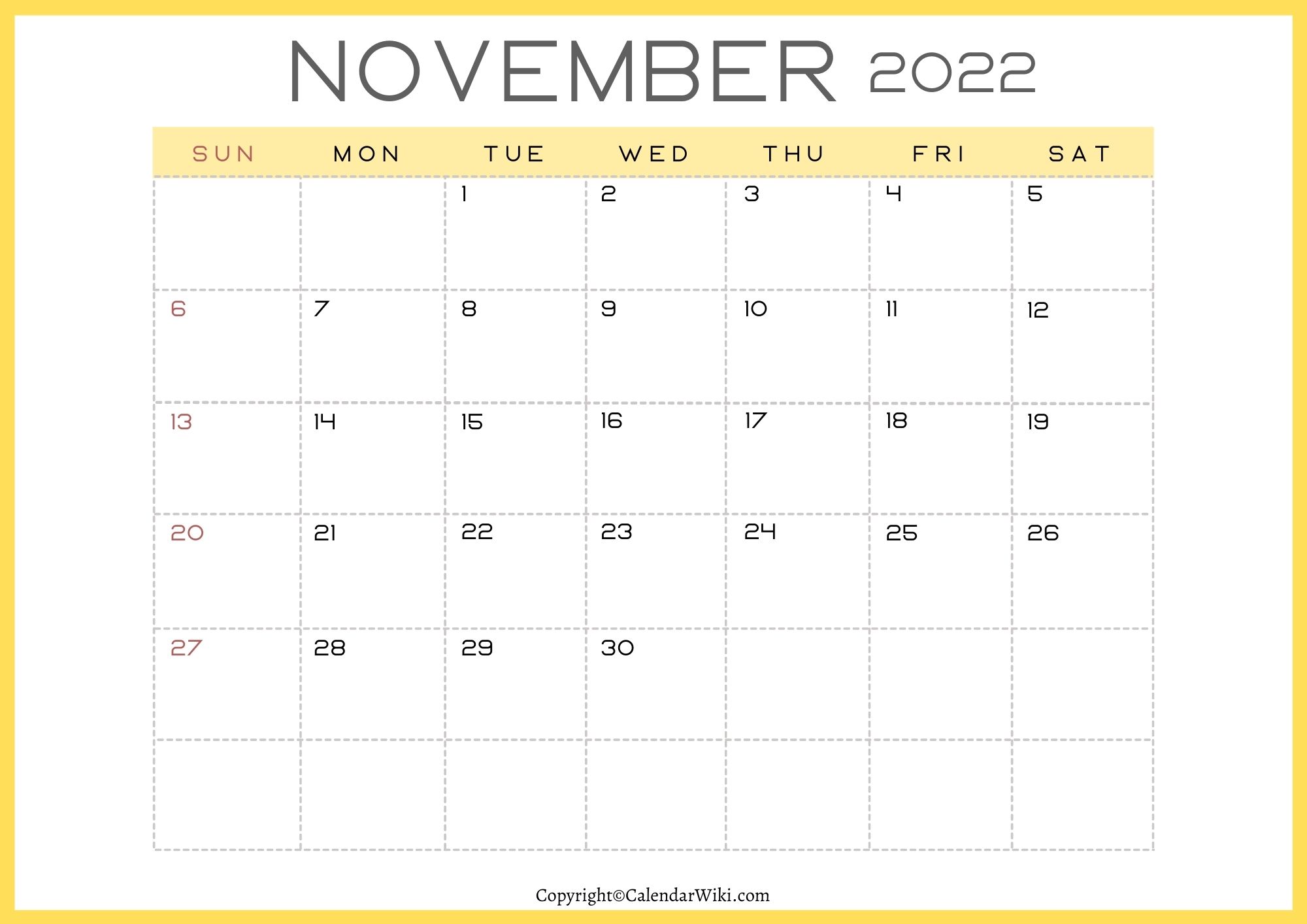 November Calendar 2022 Printable
