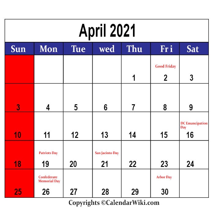 April Calendar 2021 With Holidays