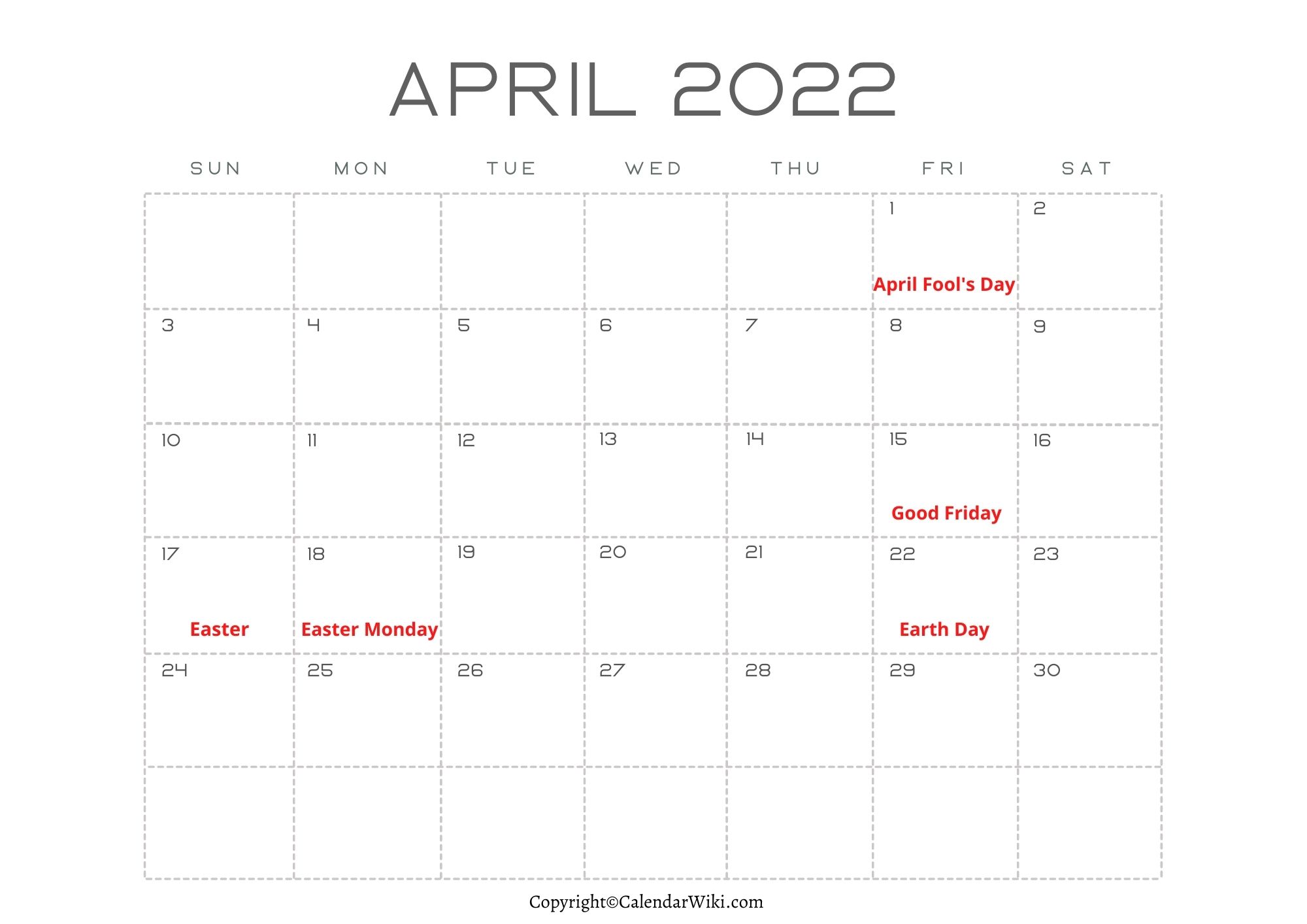 April Calendar 2022 With Holidays