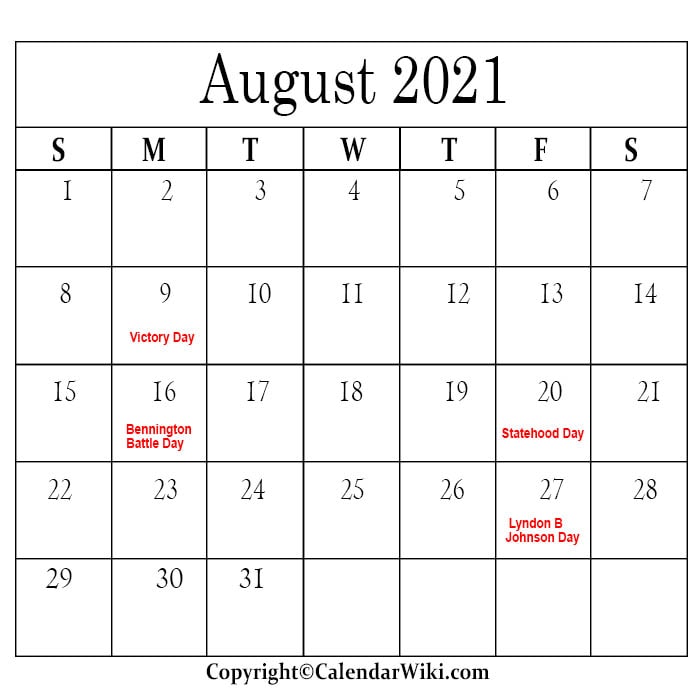 August Calendar 2021 With Holidays