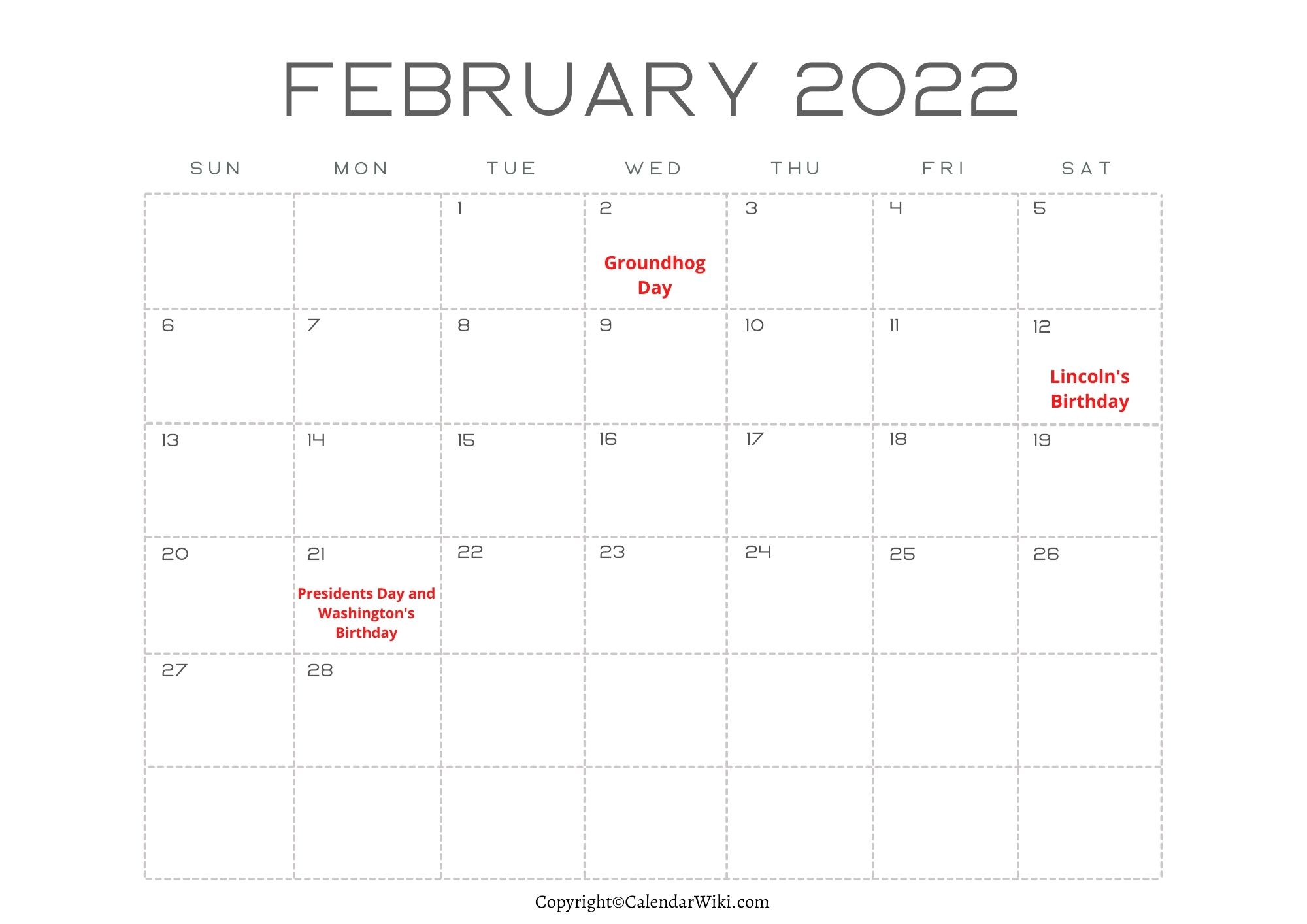 February Calendar 2022 With Holidays