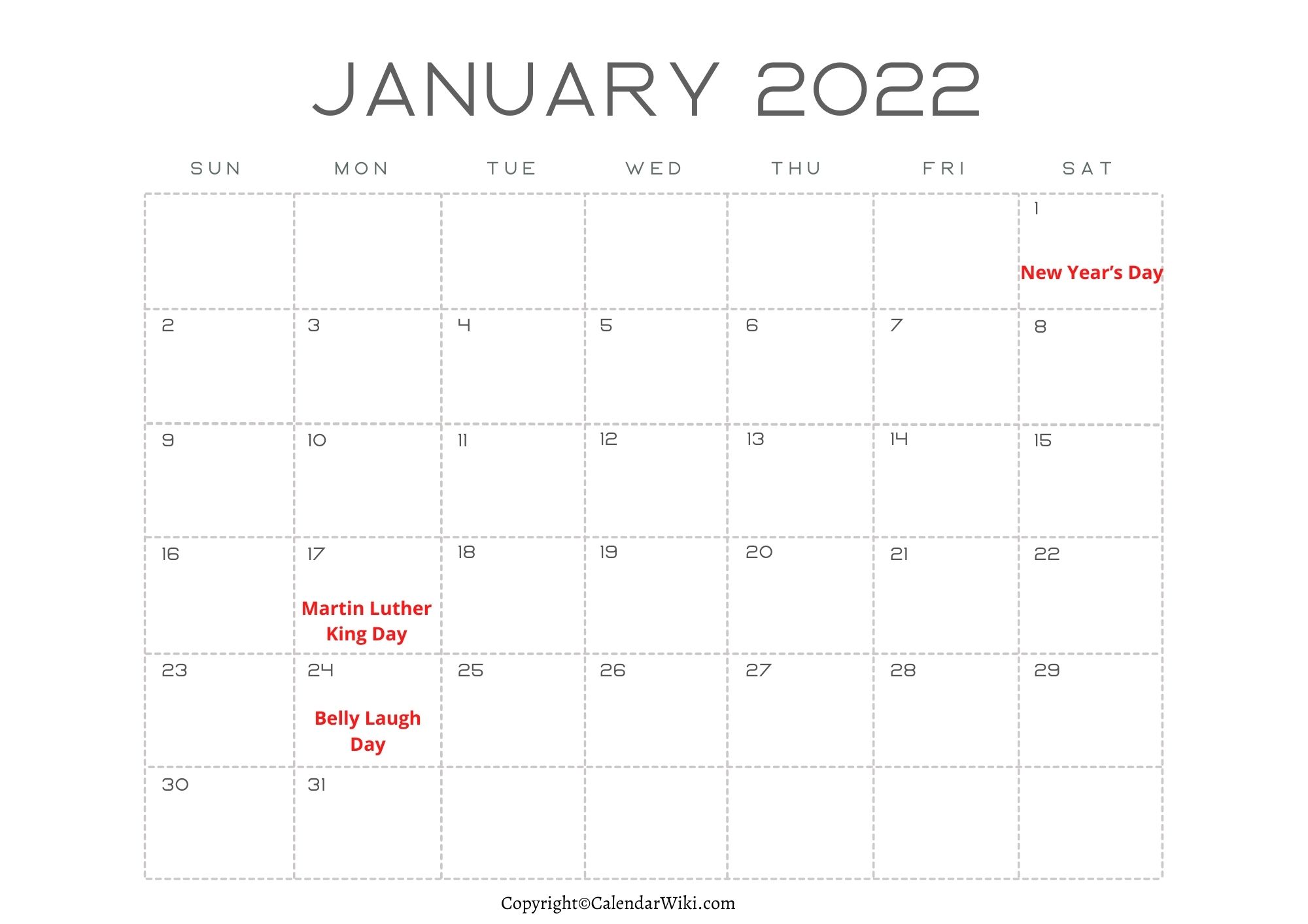 January Calendar 2022 With Holidays