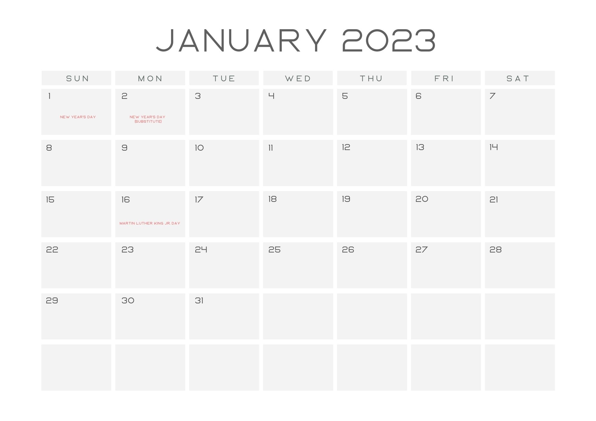 January Calendar 2023 With Holidays