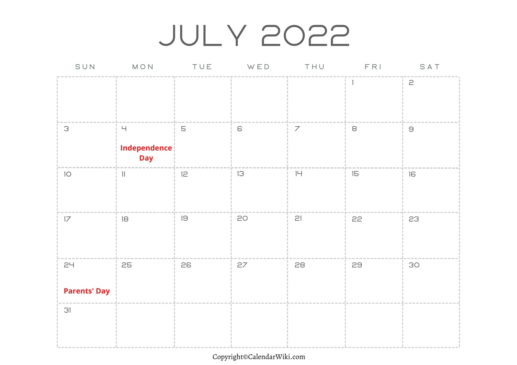 July Calendar 2022 With Holidays