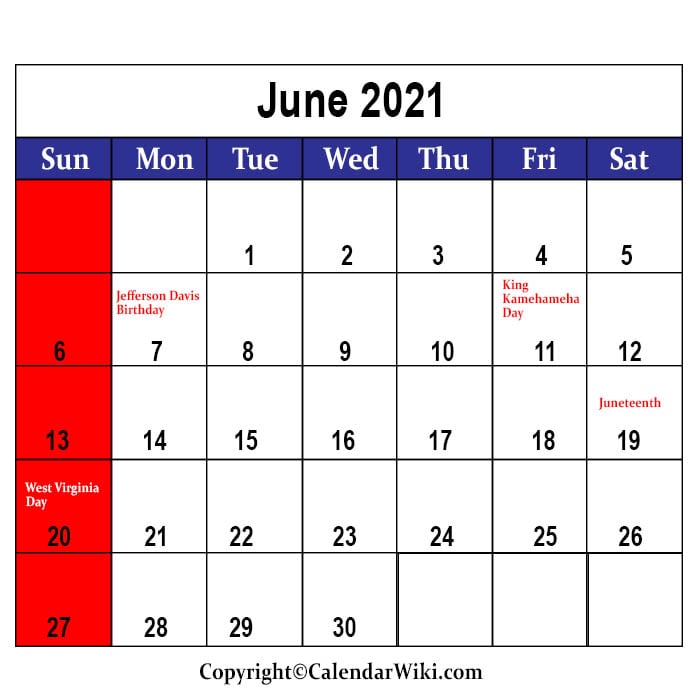 June Calendar 2021 With Holidays