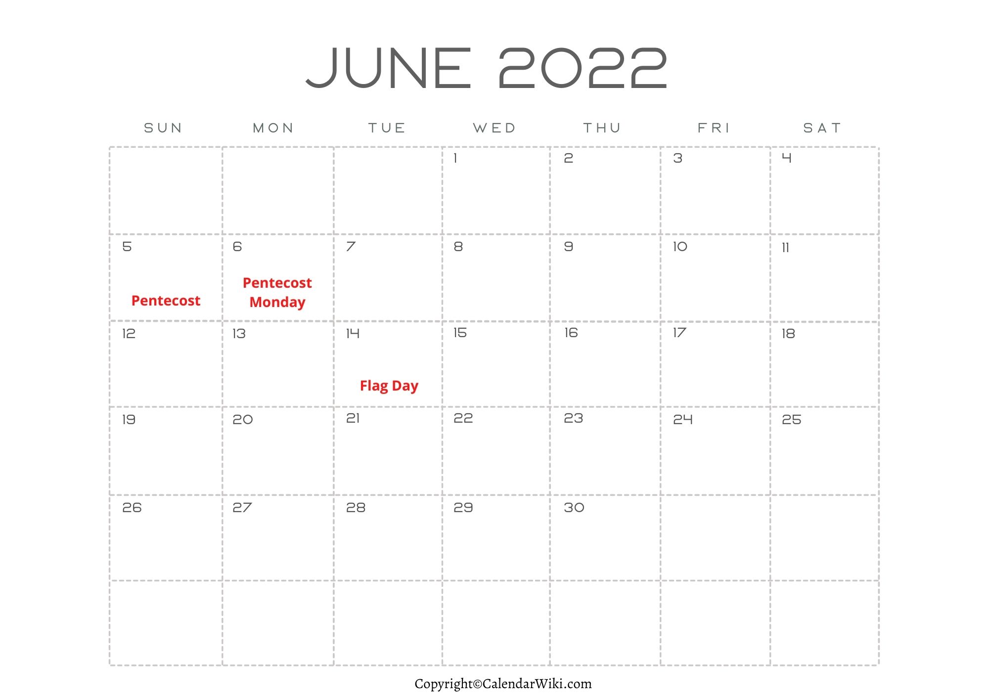 June Calendar 2022 With Holidays