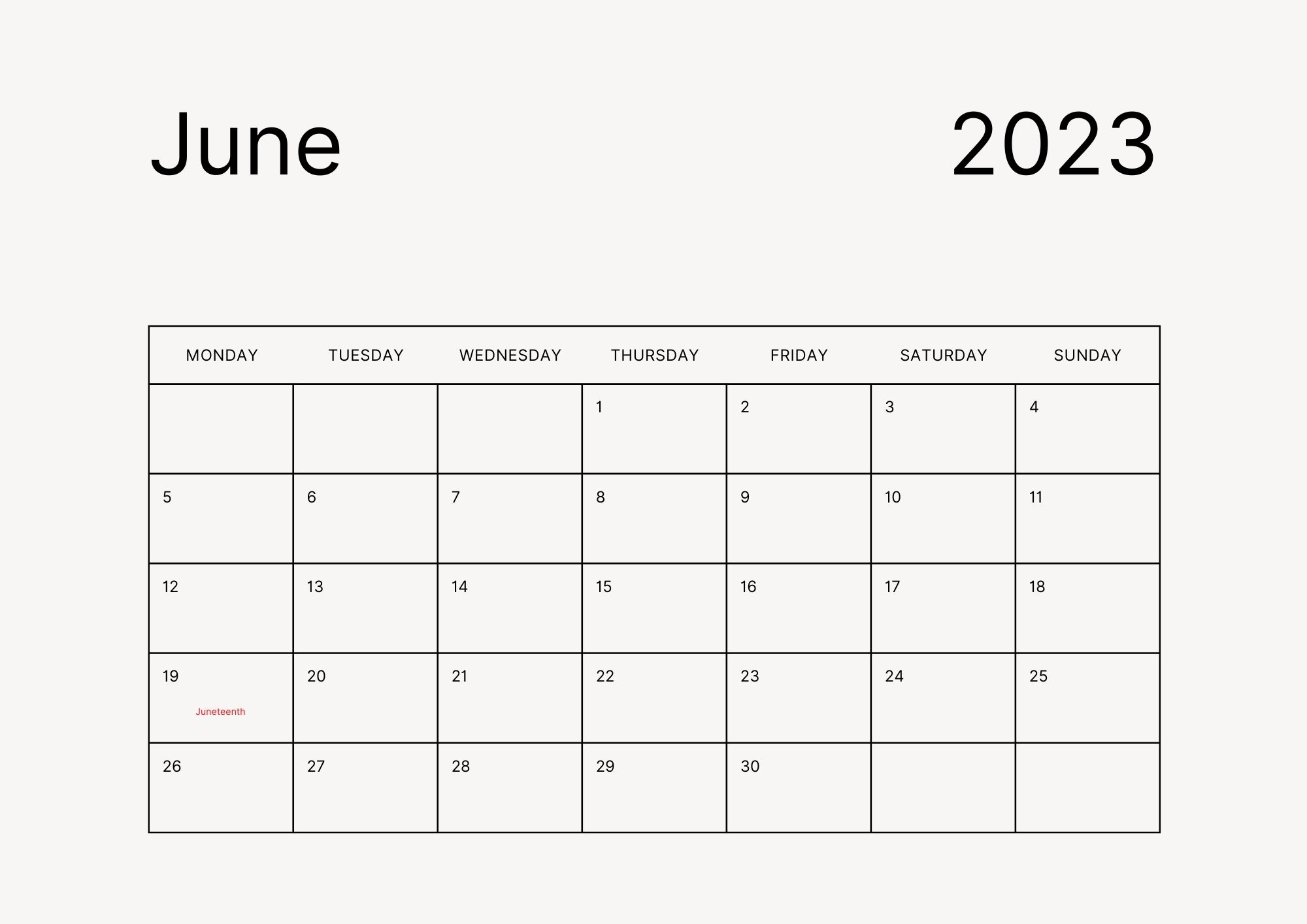 June Calendar 2023 With Holidays