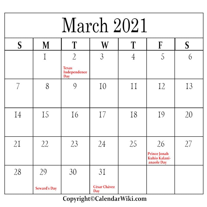 March Holidays 2021
