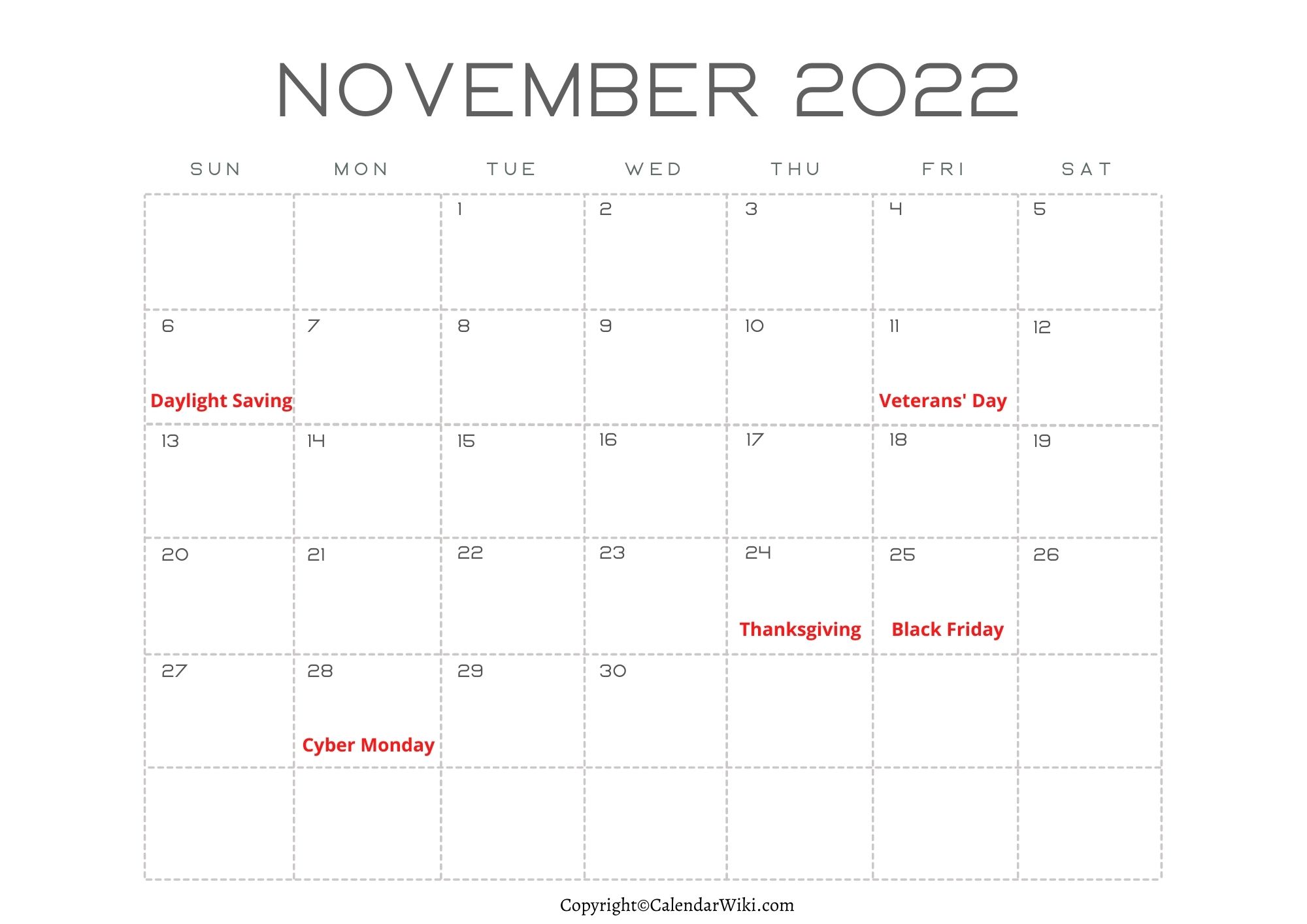 November Calendar 2022 With Holidays