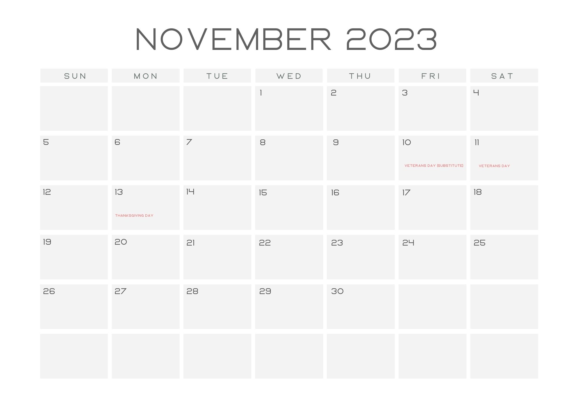 November Calendar 2023 With Holidays