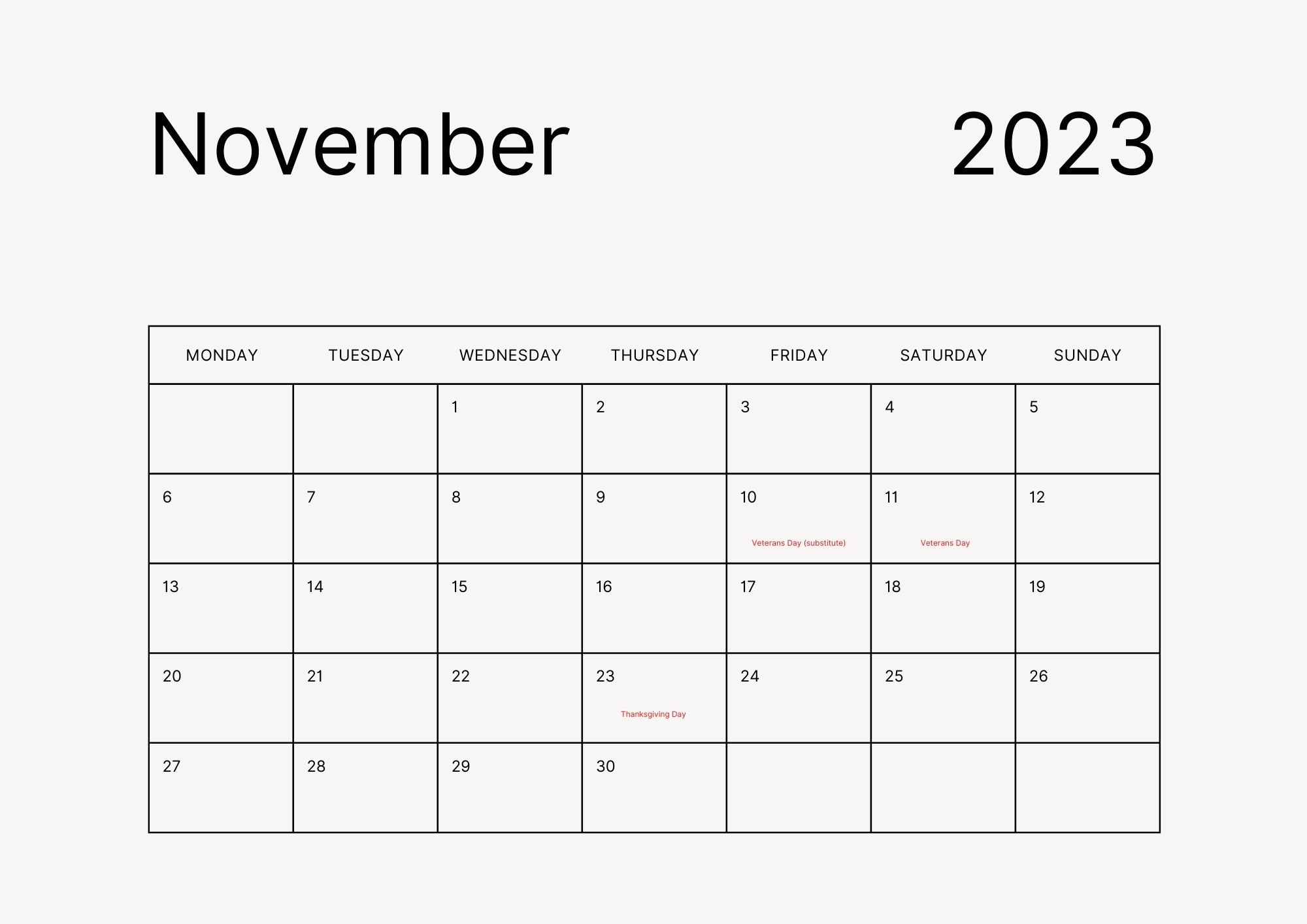 November Holidays 2023