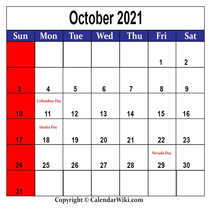 October Calendar 2021 With Holidays