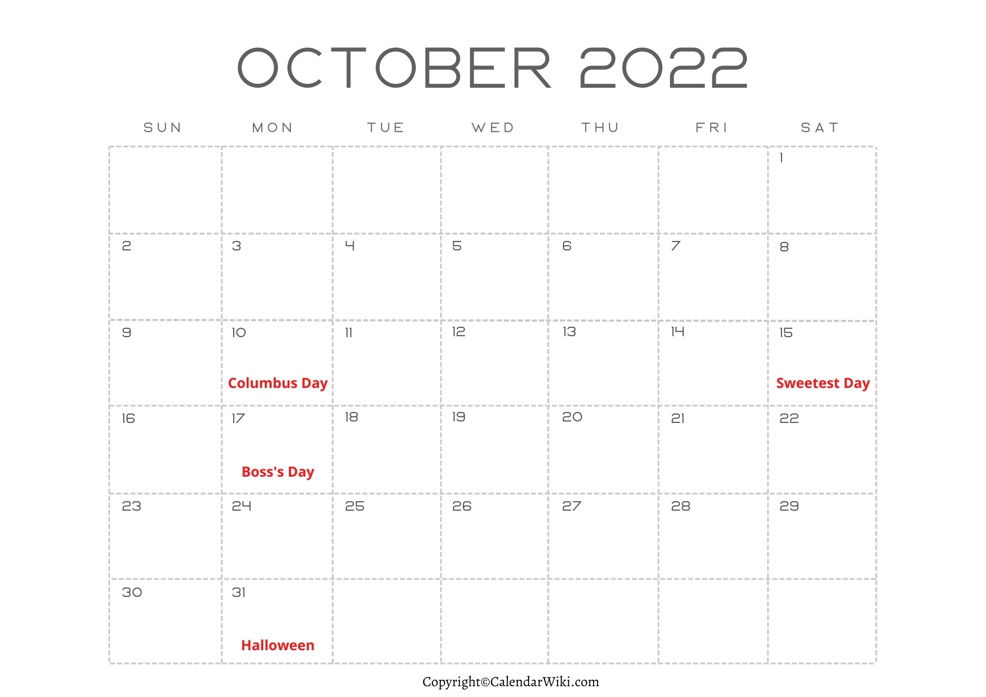 October Calendar 2022 With Holidays
