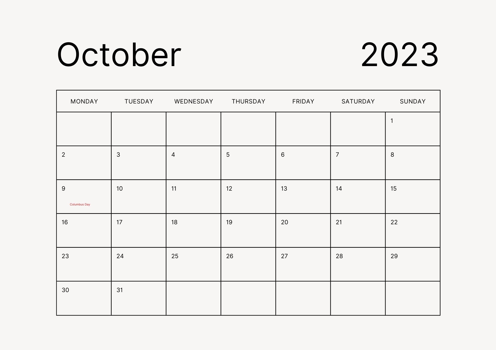 October Calendar 2023 With Holidays