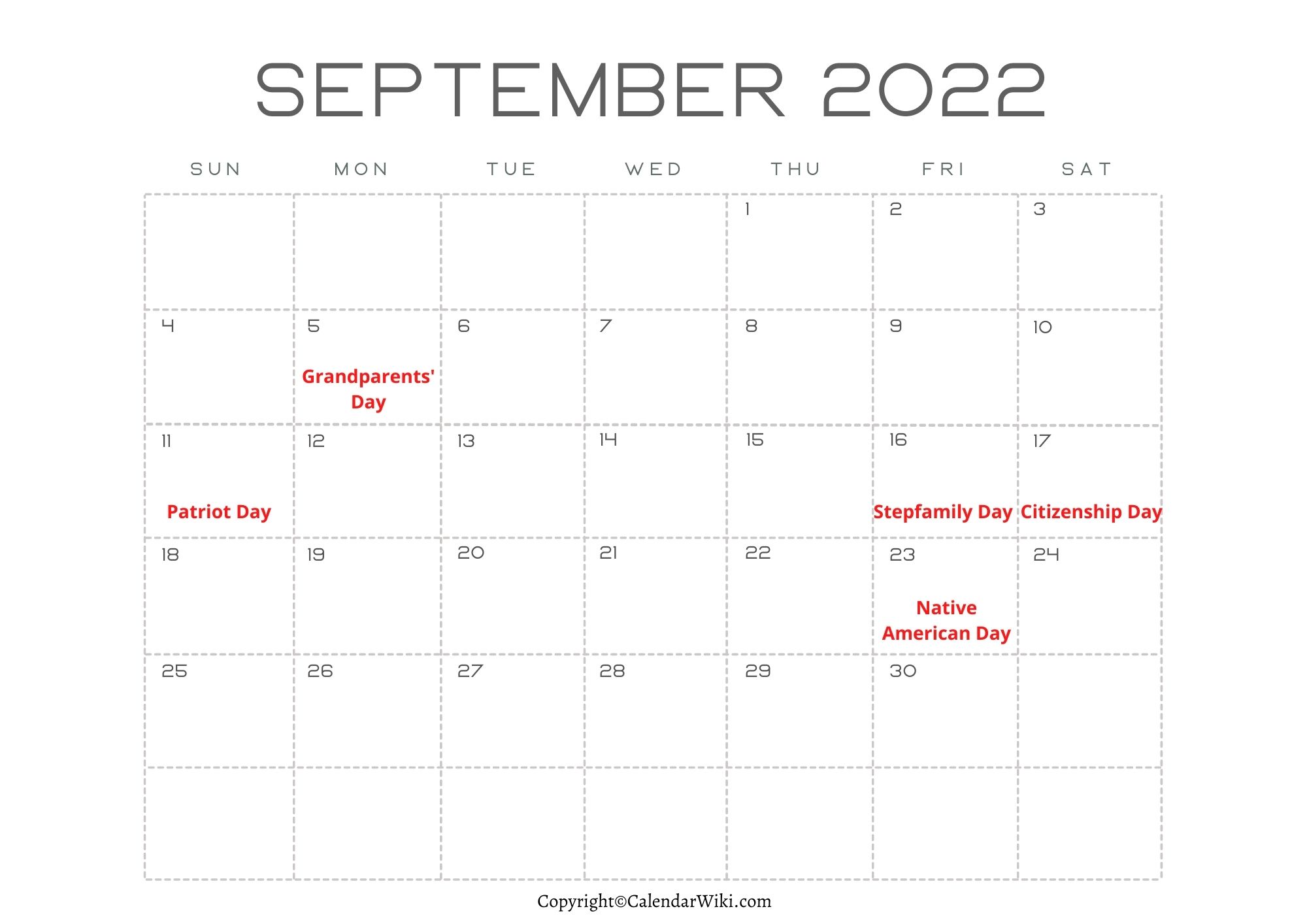 September Calendar 2022 With Holidays