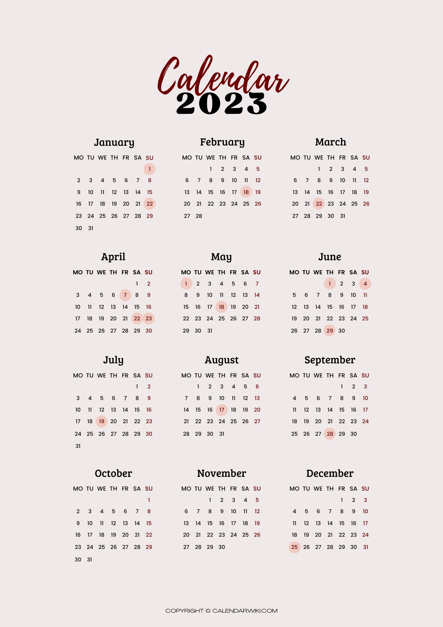 Full Year Calendar 2023