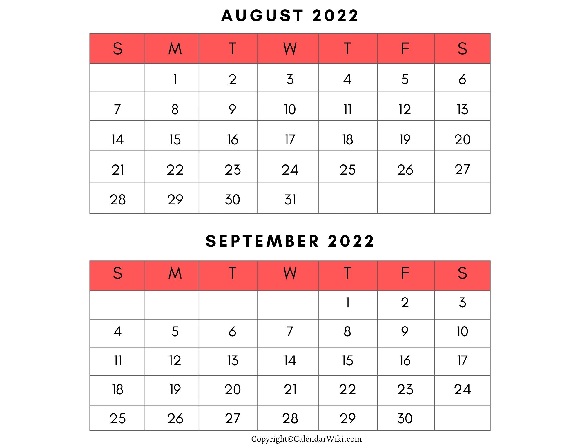 August September Calendar 2022