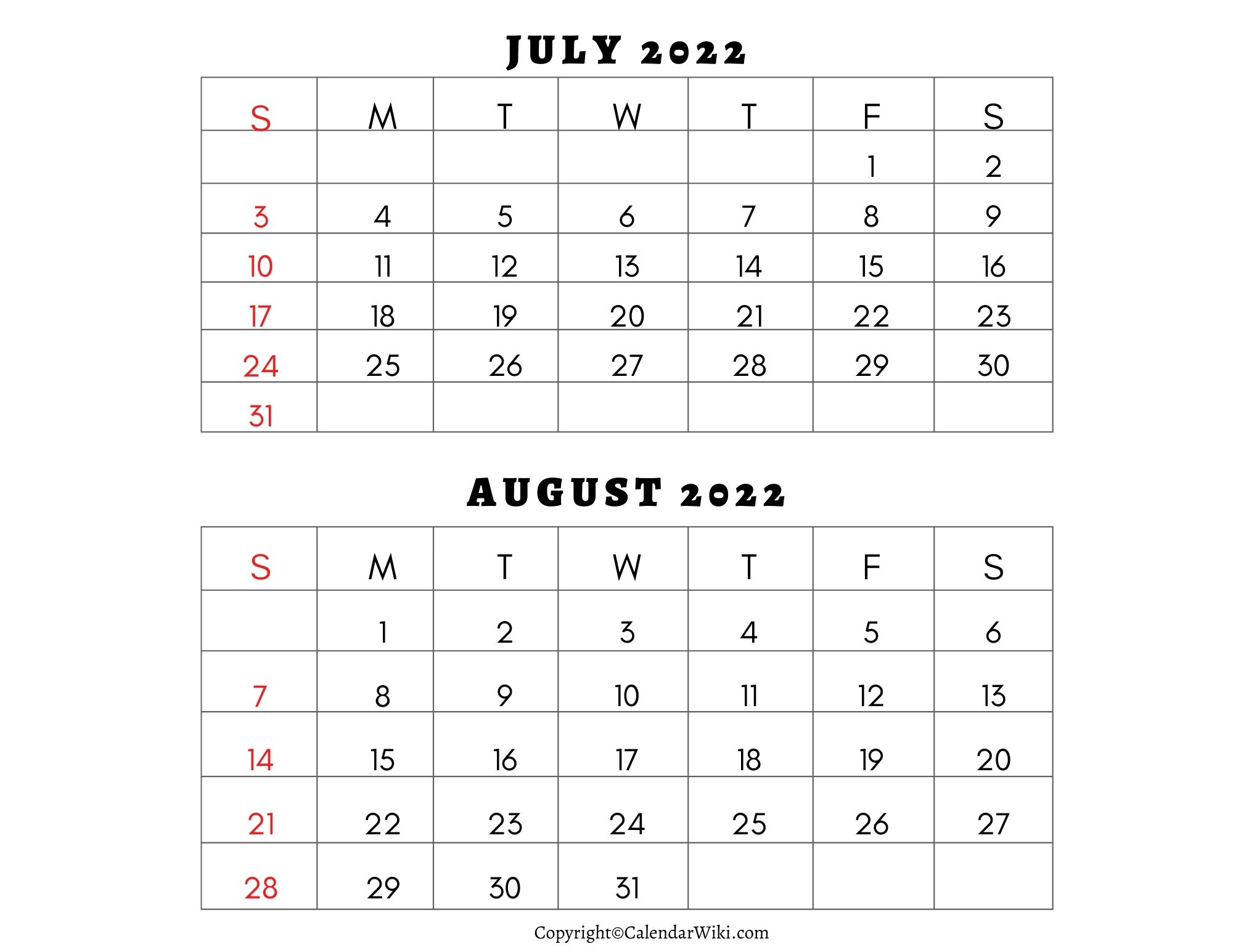 July August 2022 Calendar