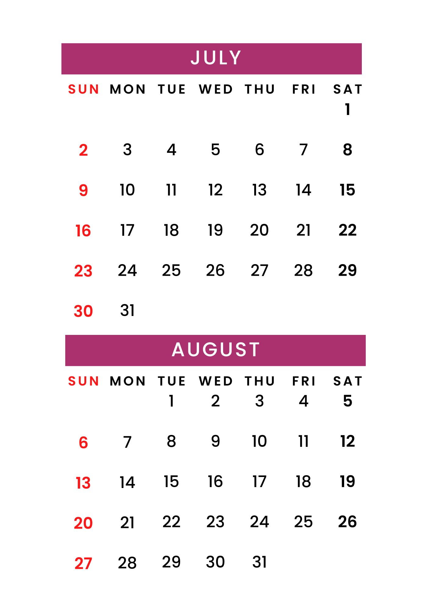 July August 2023 Calendar