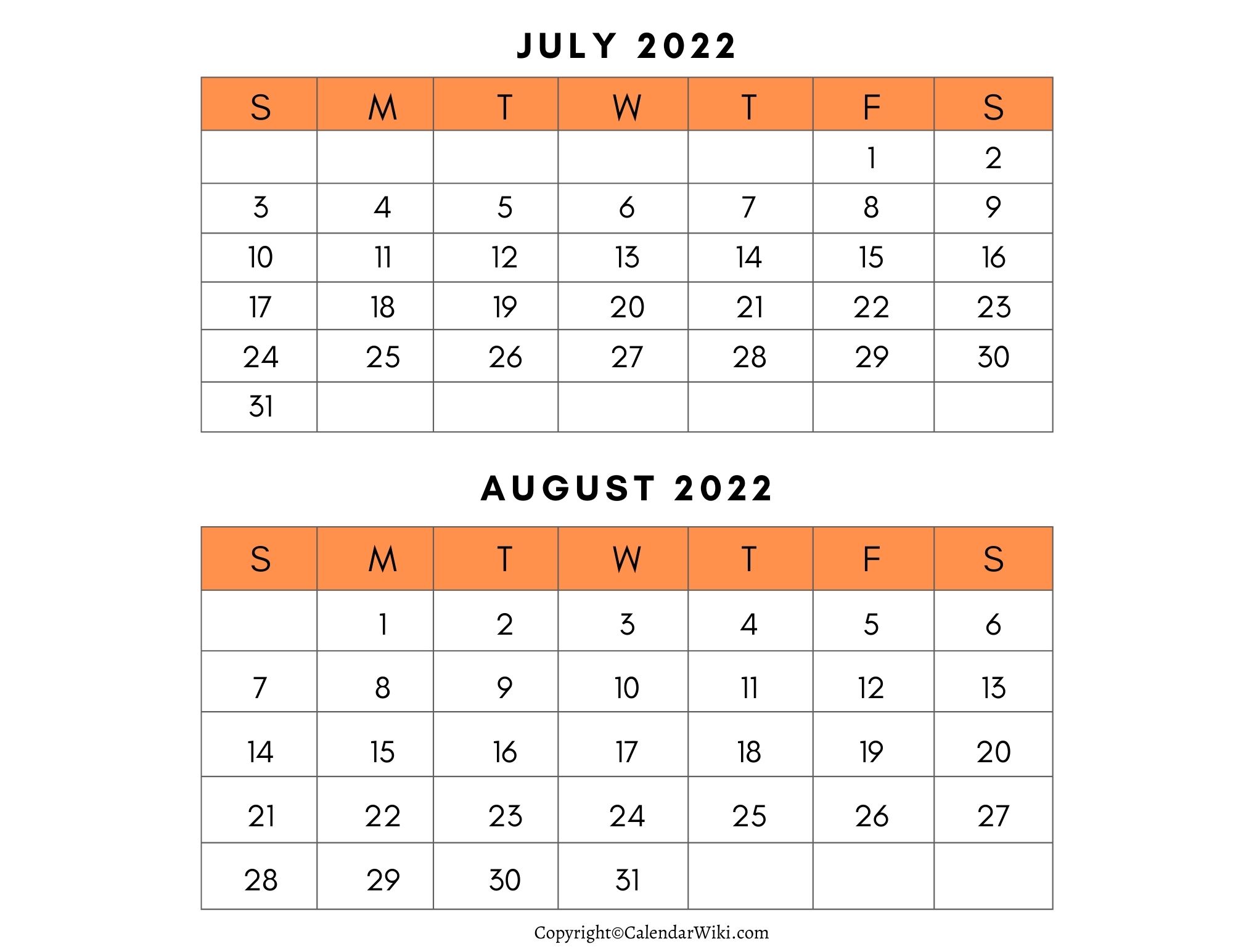 July August Calendar 2022