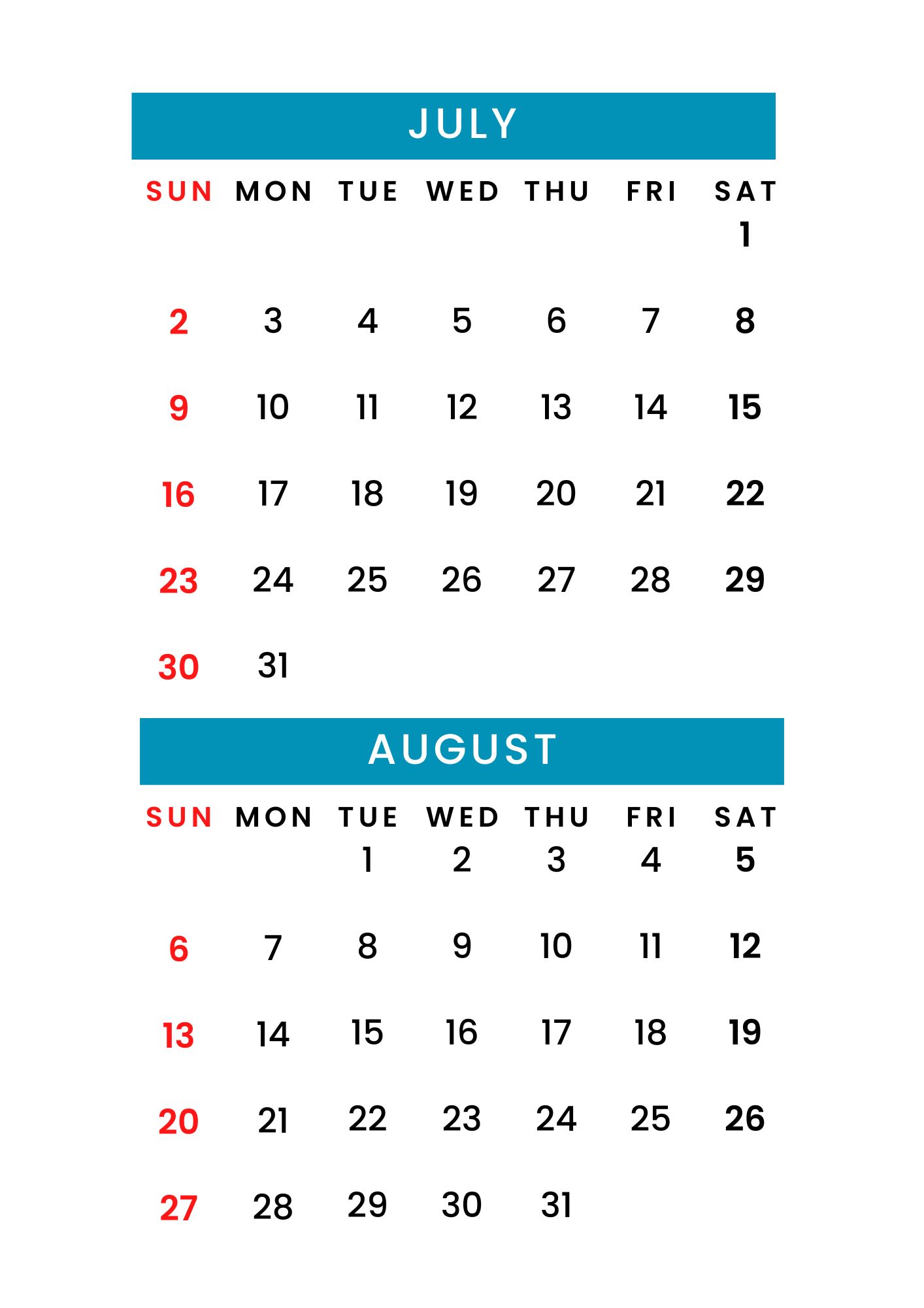 July August Calendar 2023