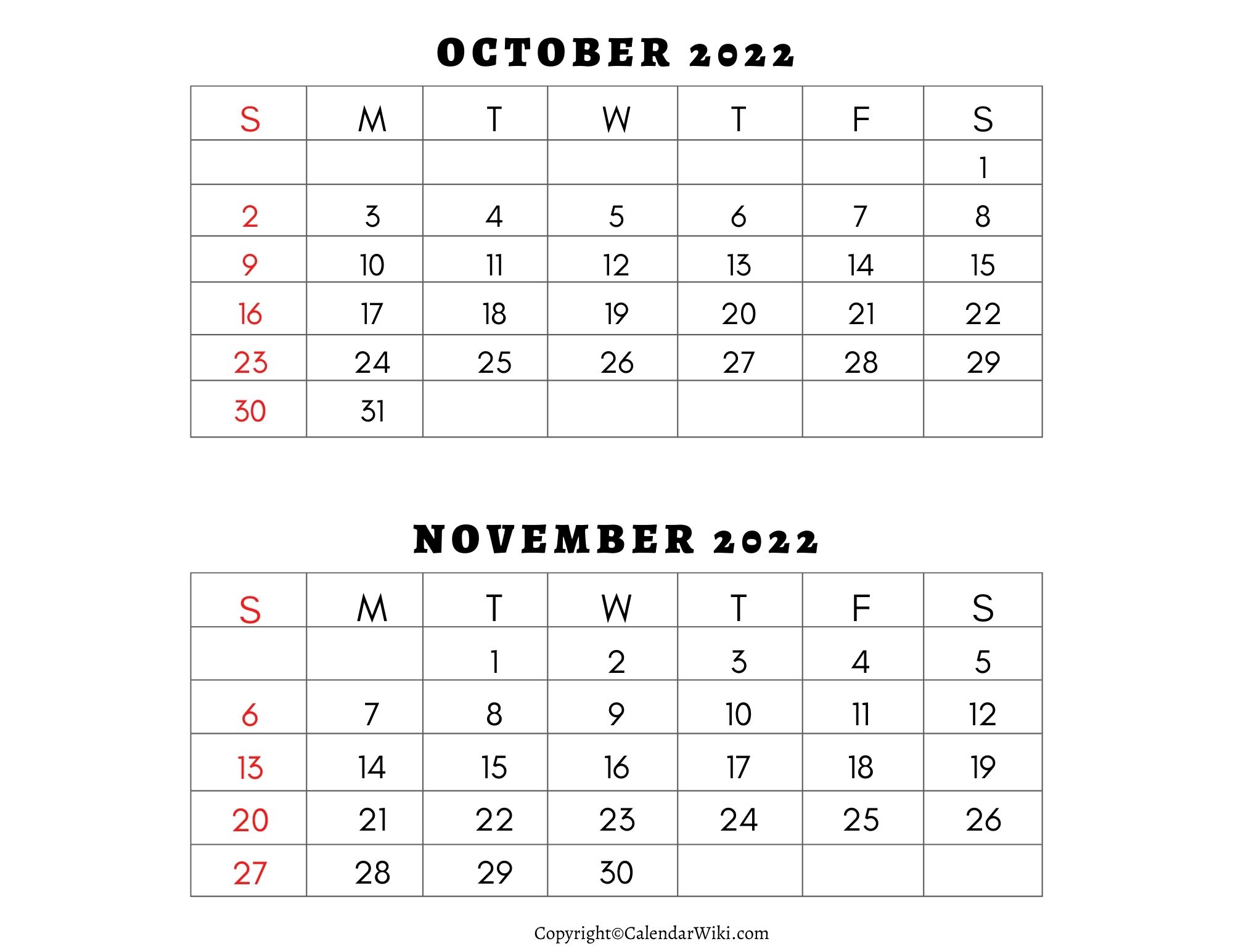 October November 2022 Calendar