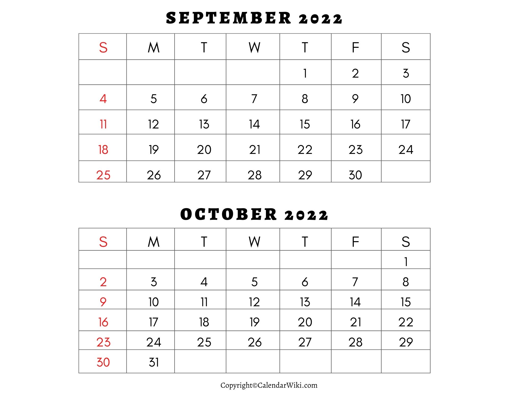 September October 2022 Calendar