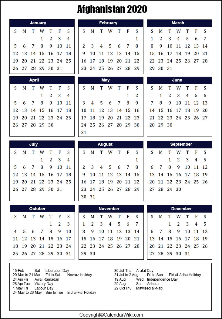 Printable Afghanistan Calendar 2020 with Holidays [Public Holidays]